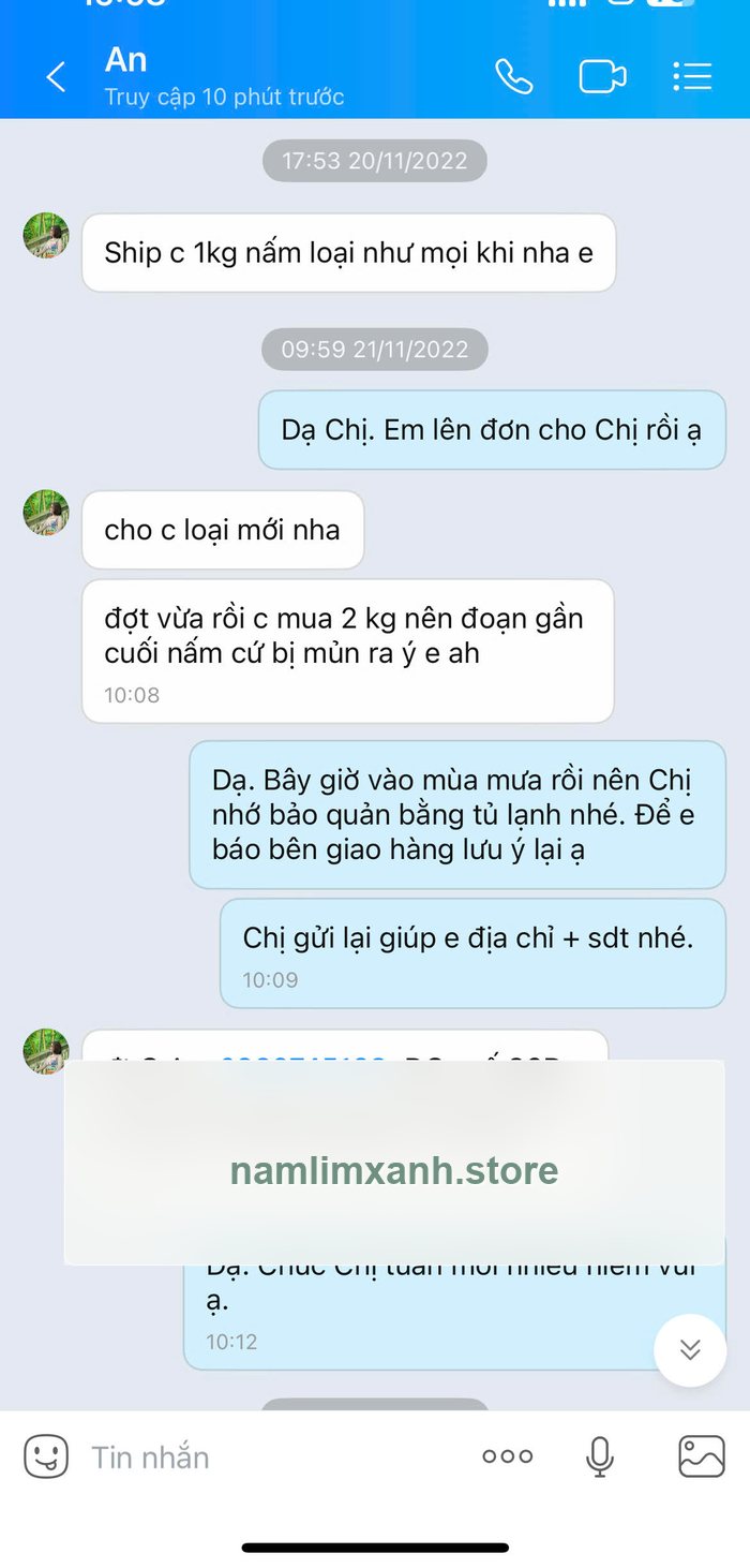 Tin nhắn khách quen đặt lại nấm năm 2022 đã làm mờ thông tin nhận hàng