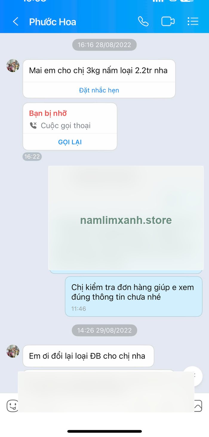 Tin nhắn khách đặt nấm năm 2022 đã làm mờ thông tin nhận hàng
